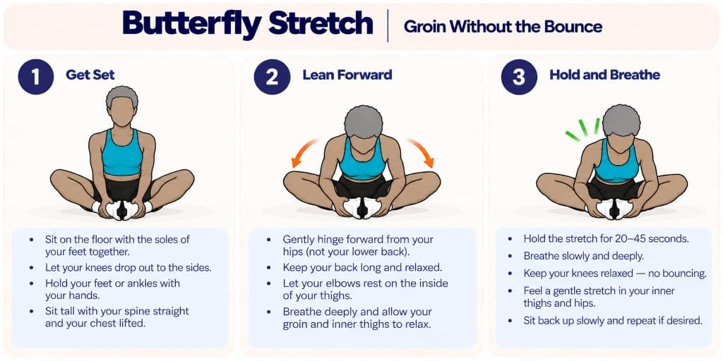 Butterfly stretch seated: soles together, lean forward from the hips, hold and breathe without bouncing