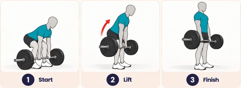 Conventional deadlift side view: start, lift, and finish with barbell