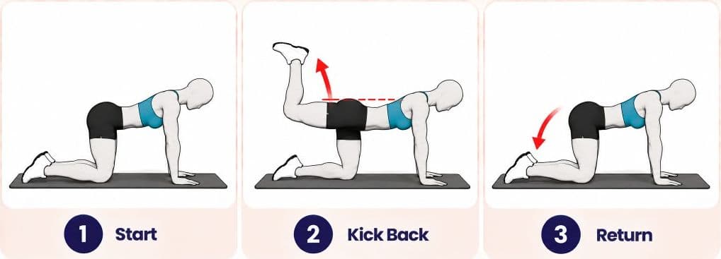 Donkey kick side view: start, kick back, and return