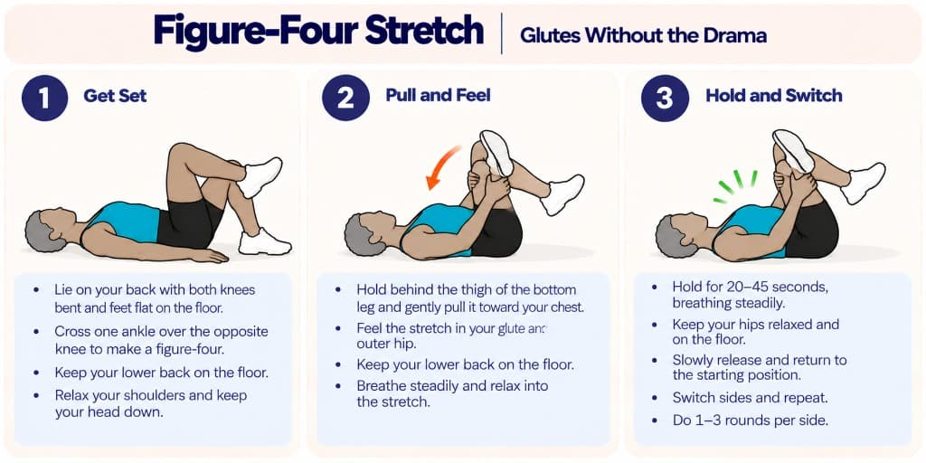 Figure-four glute stretch on your back: cross ankle over knee, pull thigh toward chest, hold and switch