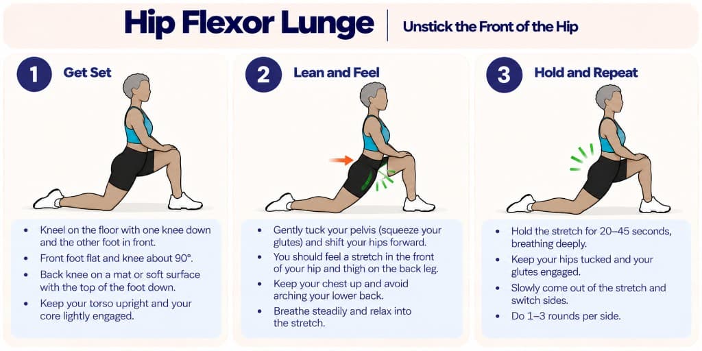 Half-kneeling hip flexor lunge: set up in a lunge, tuck pelvis and shift hips forward, hold and switch