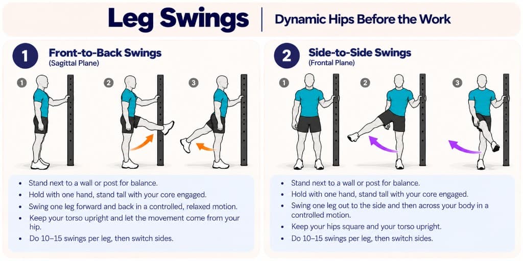 Leg swings for warm-up: forward and back swings and side-to-side swings holding a post for balance