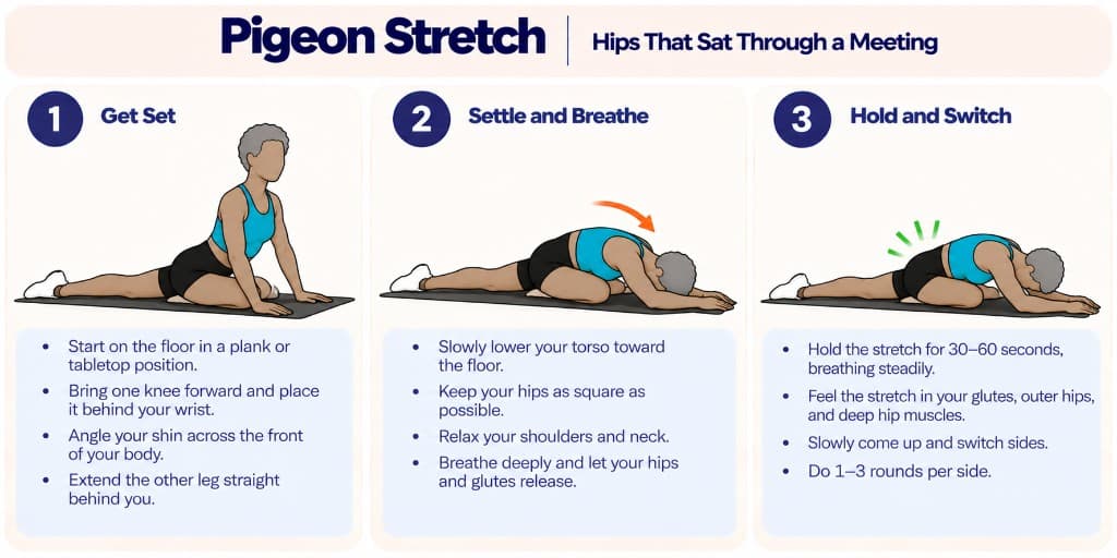 Pigeon stretch: front shin across the mat, lower torso and breathe, hold and switch sides