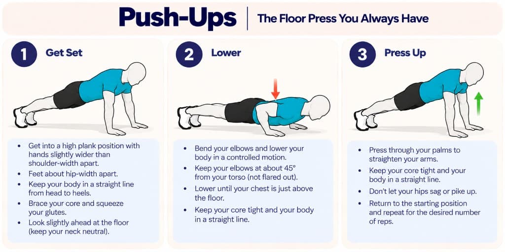 Push-up: high plank setup, lower chest with elbows tucked, and press back to straight arms