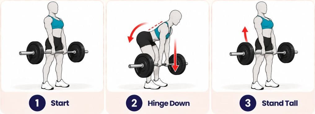 Romanian deadlift side view: start, hinge down, and stand tall with barbell