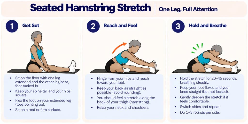Seated hamstring stretch: one leg extended, hinge forward from the hips, hold and switch sides