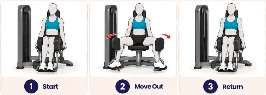 Seated hip abduction machine: start, move out, and return