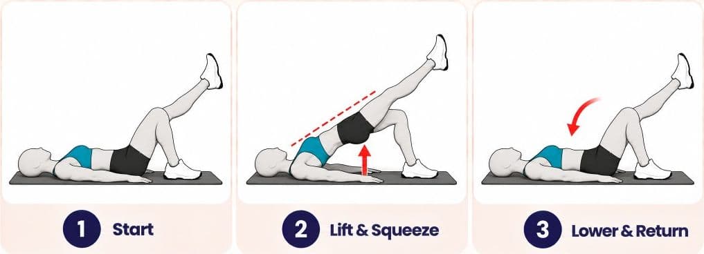 Single-leg glute bridge: start, lift and squeeze, and lower and return