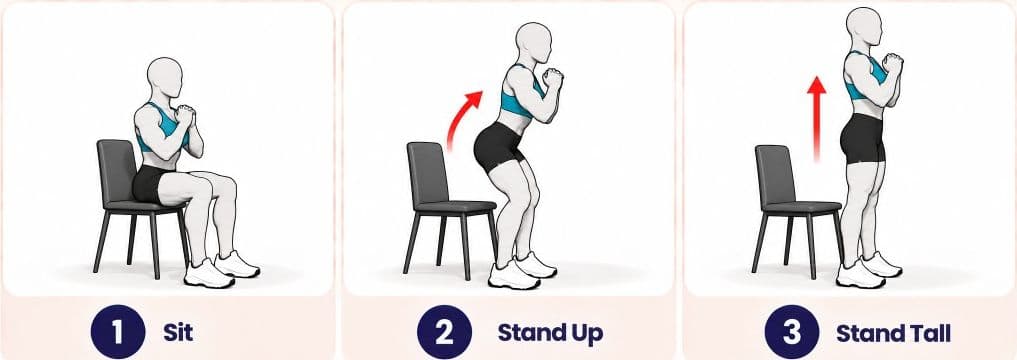 Chair sit-to-stand side view: sit, stand up, and stand tall