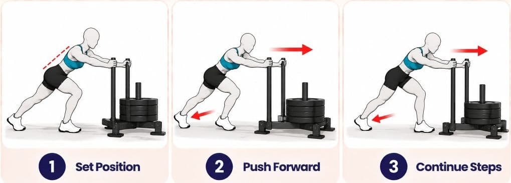 Sled push side view: set position, push forward, and continue steps
