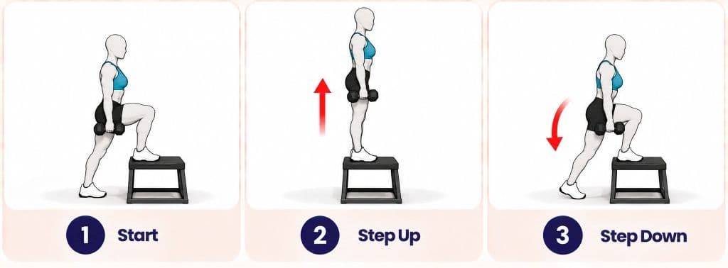 Step-up side view with dumbbells: start, step up, and step down