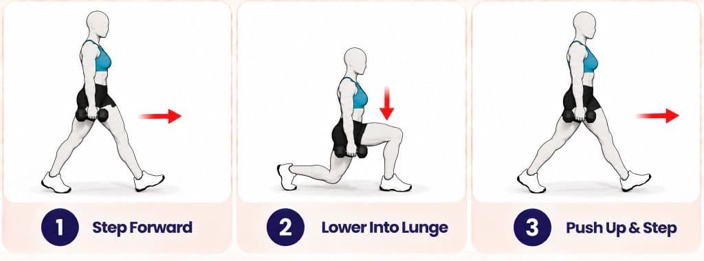 Walking lunge side view with dumbbells: step forward, lower into lunge, and push up and step