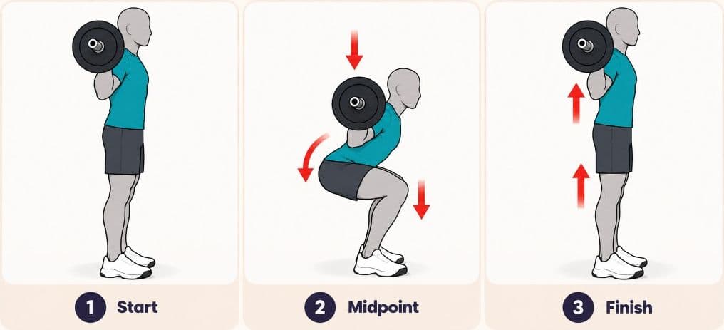 Back squat side view: start, midpoint, and finish with barbell