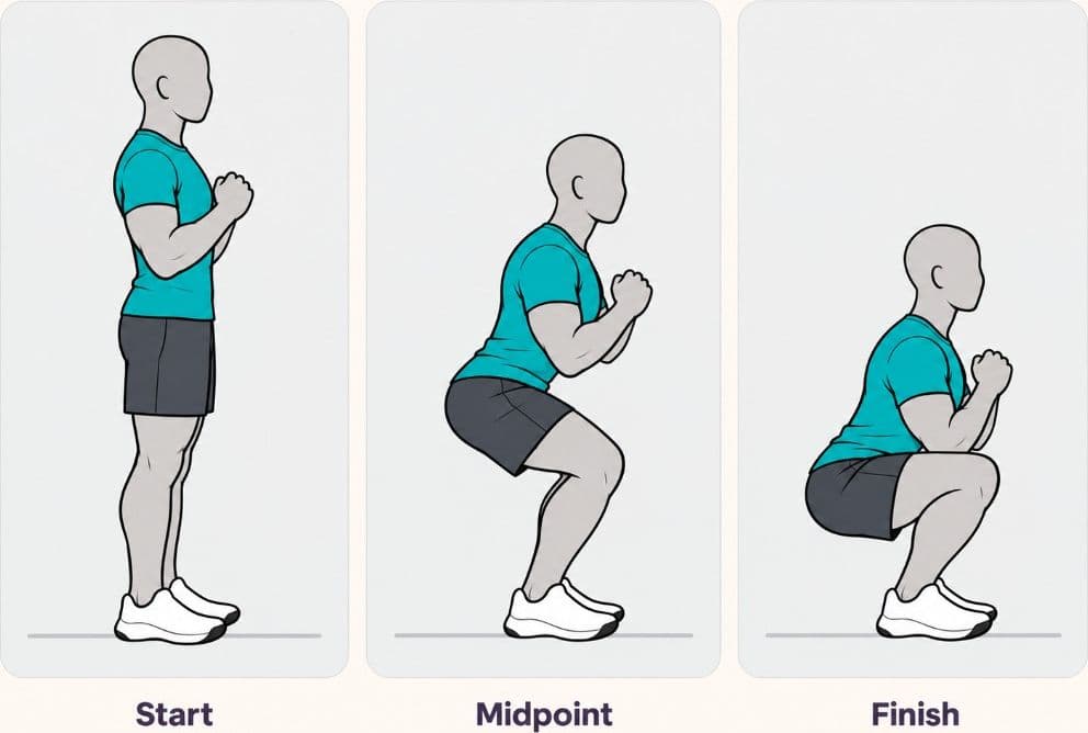 Bodyweight squat side view: start, midpoint, and finish positions