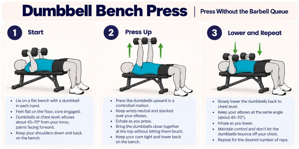 Dumbbell bench press: start at chest, press up, and lower with control