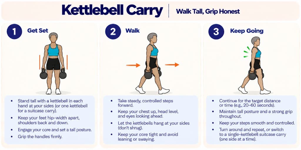 Kettlebell carry: stand tall with bells at your sides, walk with control, and maintain posture