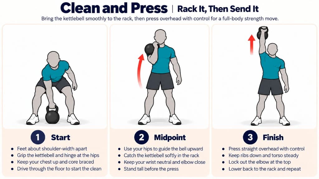 Kettlebell clean and press: hinge and clean to rack, then press overhead and lower with control