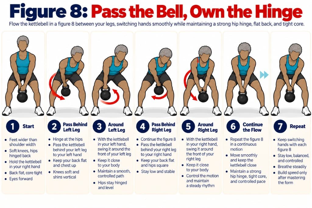 Kettlebell figure 8: pass behind each leg, swing around the legs, and flow continuously in a hip hinge