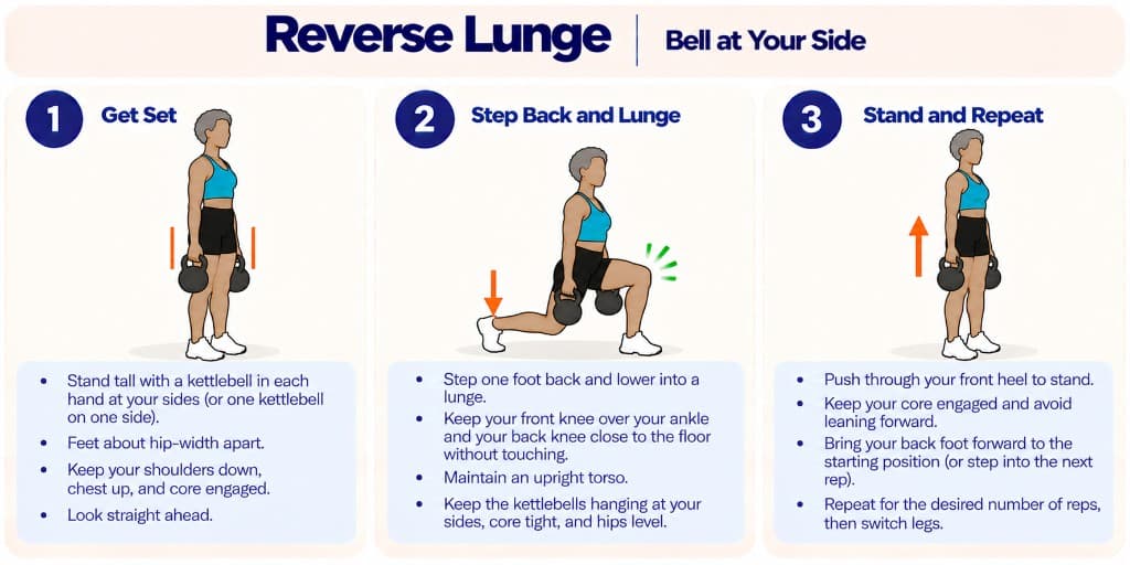 Kettlebell reverse lunge: bells at your sides, step back, lunge, and stand