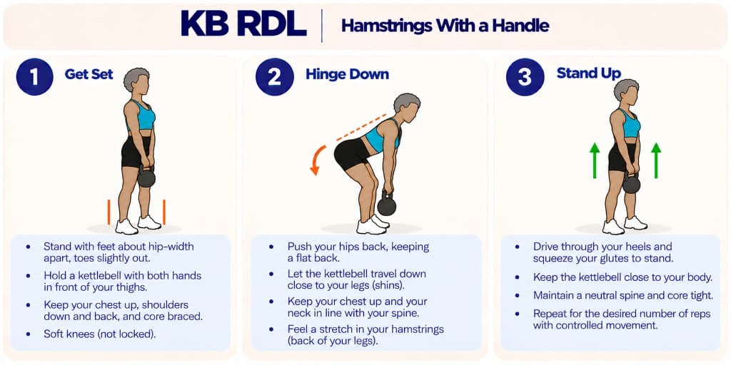 Kettlebell Romanian deadlift: hinge down with flat back, then stand and squeeze glutes