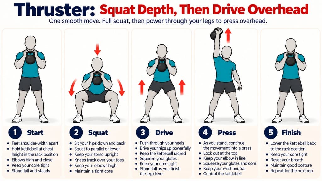 Kettlebell thruster: rack at chest, squat, drive up, press overhead, and return to rack