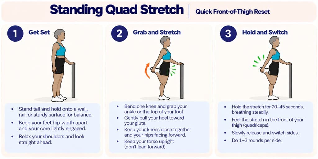 Standing quad stretch: hold for balance, pull heel toward glute, hold and switch sides