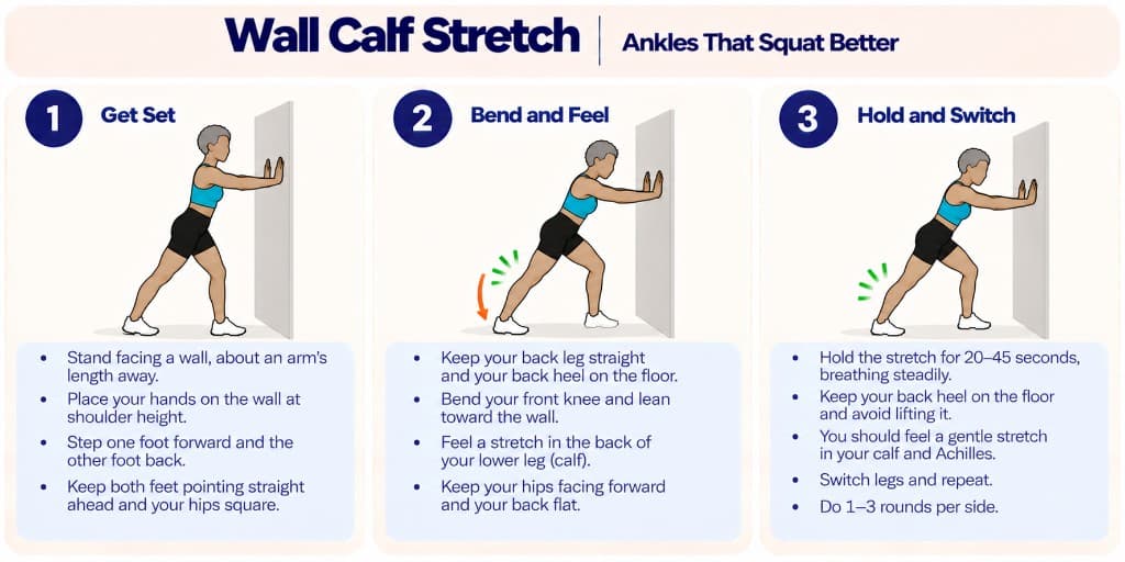 Wall calf stretch: hands on wall, back leg straight with heel down, lean in and hold then switch