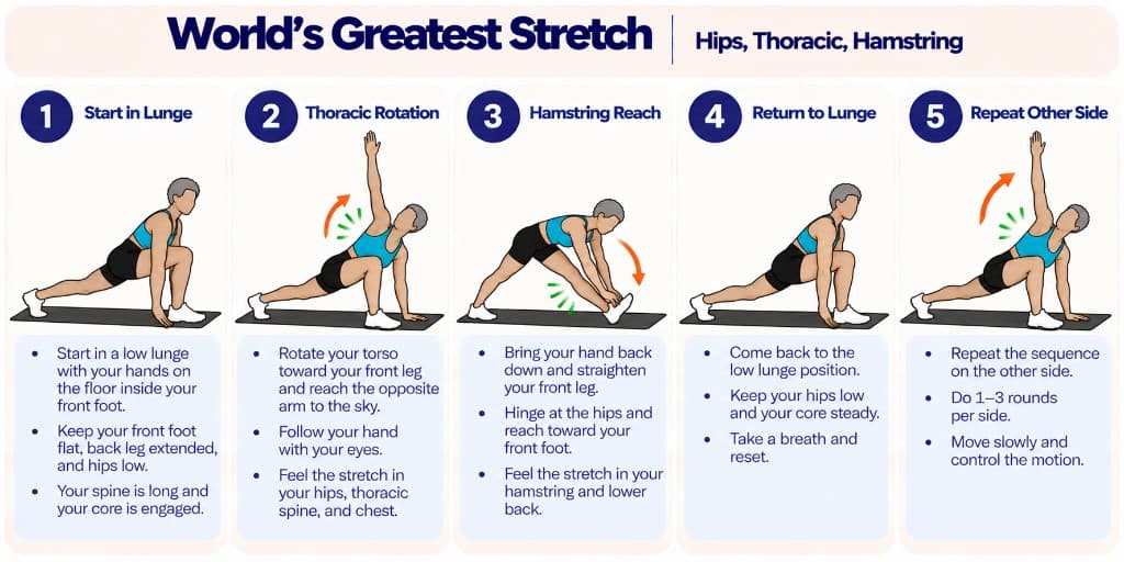 World's greatest stretch flow: lunge, thoracic rotation, hamstring reach, return and repeat other side